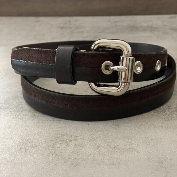 New Fossil Brown Leather Suede Silver Buckle Grommets Waist Belt Women's Small - Picture 1 of 9